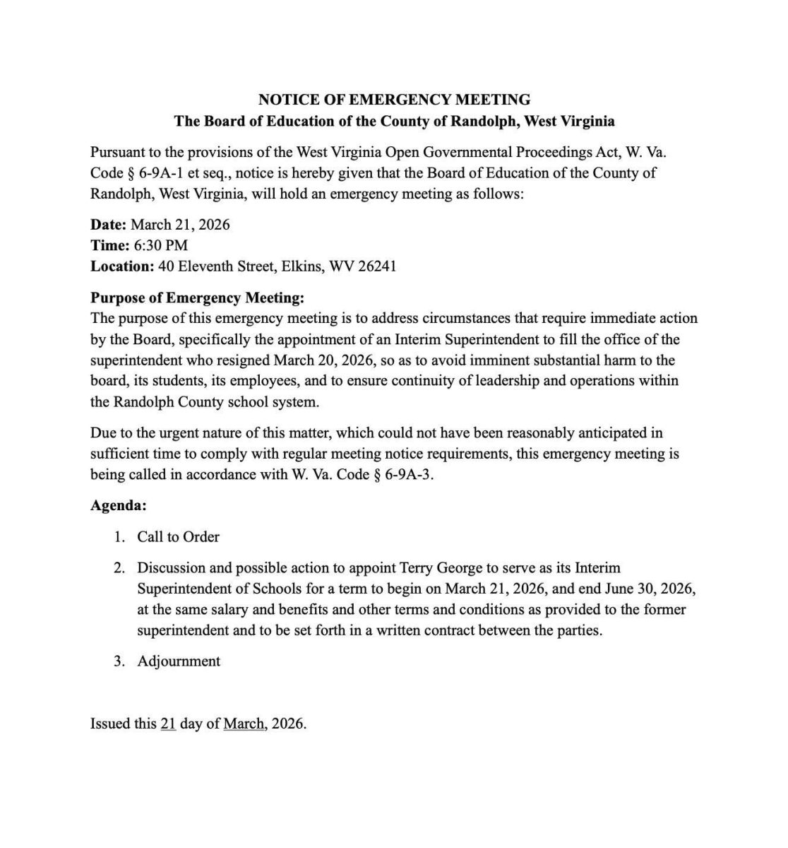 An emergency meeting notice issued by the Randolph County Board of Education on March 21, 2026, outlines plans to appoint Terry George as interim superintendent following a sudden resignation, with the meeting set to take place in Elkins.