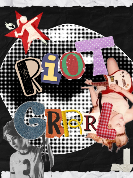 A scrapbook-style collage of Riot Grrrl imagery combines cut-and-paste photos, and zine-like textures, reflecting the DIY visual language popularized by such bands.